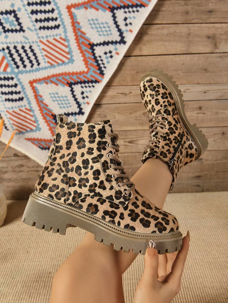 Leopard Print Block Heel Boots For Women, New Autumn/Winter Motorcycle Ankle Boots, Lace-Up, Retro, Slim Leg, Side Zip, British Style
