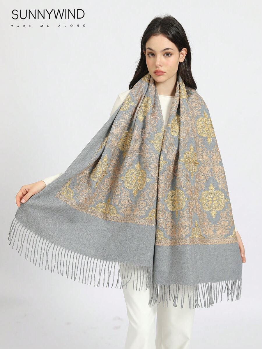 1pc Elegant Vintage Embroidery Pattern Scarf, Suitable For Autumn/Winter - Grey - View 1