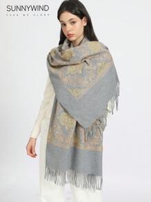 1pc Elegant Vintage Embroidery Pattern Scarf, Suitable For Autumn/Winter - Grey - View 2
