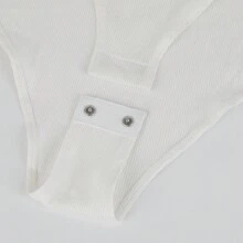 Women Scoop Neck Bodysuit Long Sleeve Top Slim Fit Underwear Button Design Ribbed