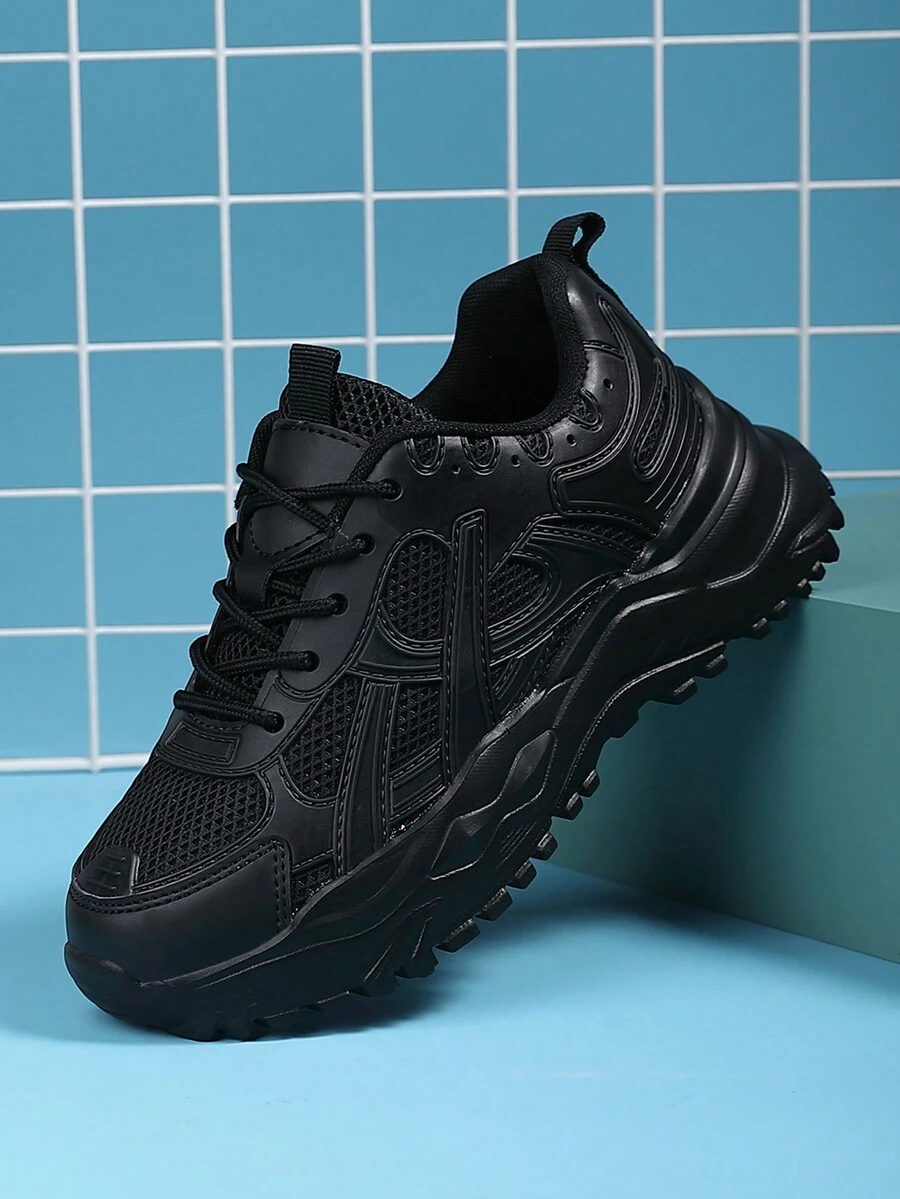 Giày thể thao nam mũi tròn buộc dây, giày thể thao nam màu khối nhẹ thoáng khí, giày chạy bộ ngoài trời chống trượt, chống mài mòn, giày thường ngày cho nam - màu đen - Xem 1