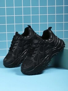 Giày thể thao nam mũi tròn buộc dây, giày thể thao nam màu khối nhẹ thoáng khí, giày chạy bộ ngoài trời chống trượt, chống mài mòn, giày thường ngày cho nam - màu đen - Xem 3