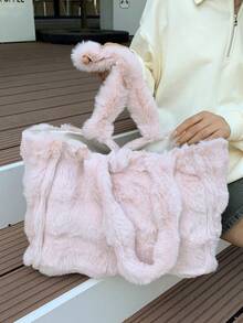 女士柔软蓬松毛绒手提包，新款时尚可爱毛绒大容量单肩包 - 粉色 - 查看 3