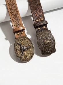 2 件西部牛仔压花复古带扣皮带套装，适合女士夏季、秋季、万圣节 - 彩色 - 查看 4