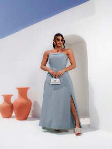 Women's Strapless Dress With Waistband And Slit In Viscose Twill - 淺藍色 - 查看 1