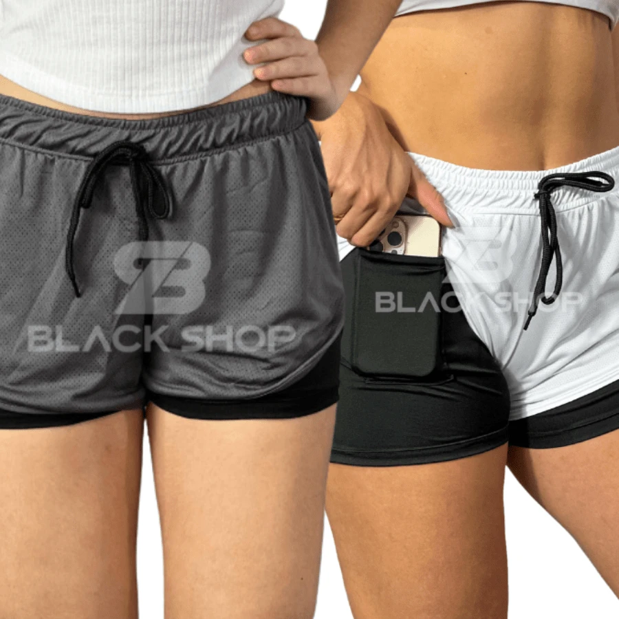 KIT 2 Women's Shorts 2 In 1 Men's Gym Bermuda Running Training With Elastane - Light Grey - View 1