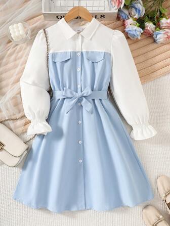 女童休闲连衣裙，优雅衬衫款式长袖拼色连衣裙，适合秋冬季，送给小公主的最佳礼物