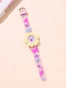 Cute Cartoon Design Wrist Watch, Fashion Flower & Butterfly Pattern, 3D Kids/Children Quartz Analog Watch For Recognizing Time, Gift