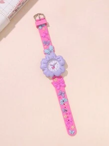 Cute Cartoon Design Wrist Watch, Fashion Flower & Butterfly Pattern, 3D Kids/Children Quartz Analog Watch For Recognizing Time, Gift