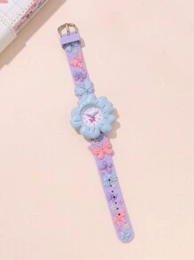 Cute Cartoon Design Wrist Watch, Fashion Flower & Butterfly Pattern, 3D Kids/Children Quartz Analog Watch For Recognizing Time, Gift