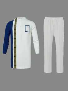 Conjunto com 2 Peças, Camisa Branca Dashiki Plus Size para Homens, Design de Manga e Bolso Contrastante, Impressão Dourada, Calça Cintura Elástica, Roupa Africana, 2 Peças Camisa e Calça Casual, Adequado para Primavera, Verão, Outono, Casamento, Festa, Encontro, Uso Diário