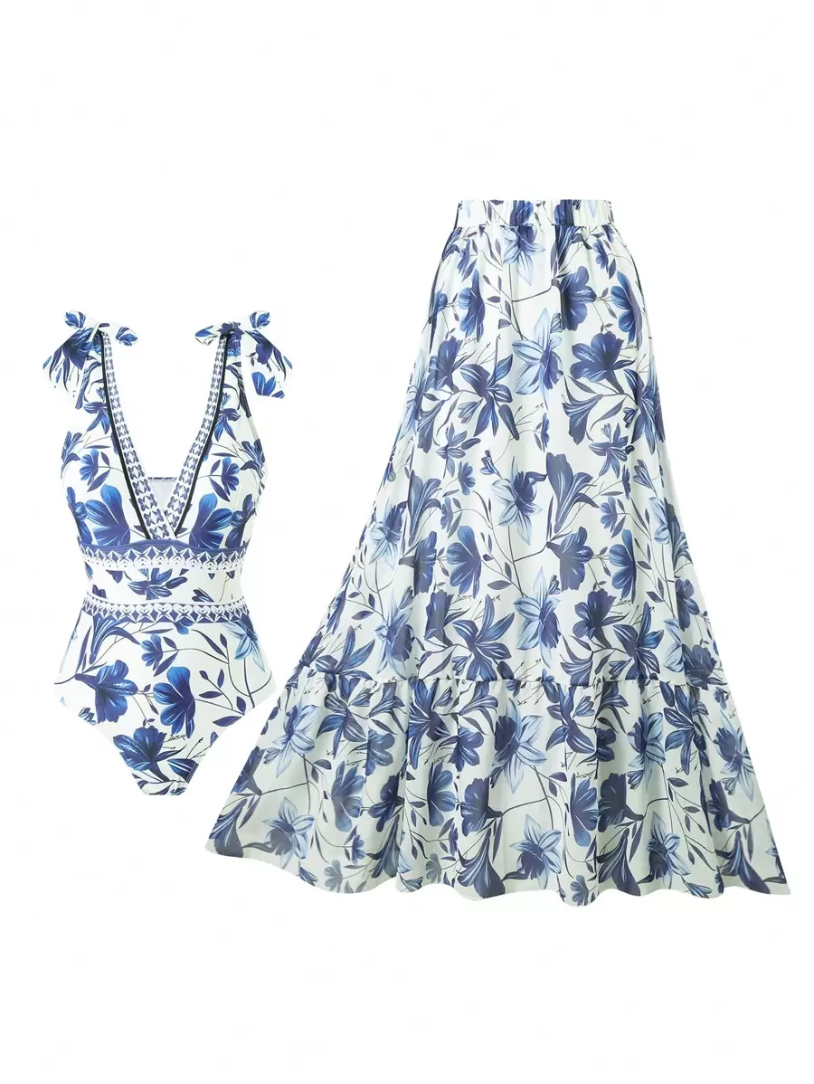 2024 New European And American Women One Piece Swimsuit Set With Long Skirt, Fashionable Slim Sexy Swimwear, For Summer Beach Vacation