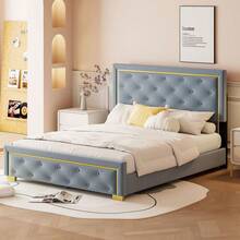 Queen Size Upholstered Platform Bed With Pull Point Headboard And Metal Wire Frame At The Head And Foot Of The Bed Metal Feet Velvet Gray