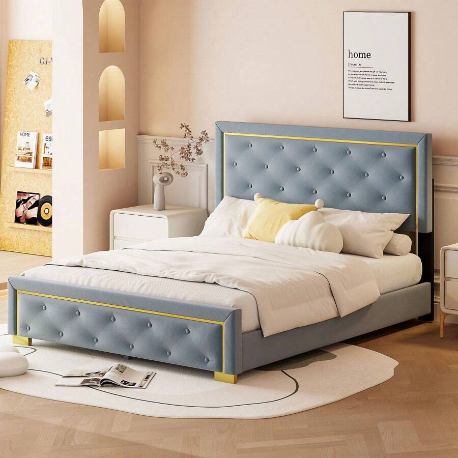 Queen Size Upholstered Platform Bed With Pull Point Headboard And Metal Wire Frame At The Head And Foot Of The Bed Metal Feet Velvet Gray