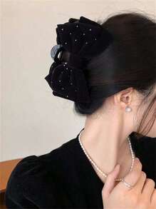 topshiny 1pc Women's Solid Color Velvet Rhinestone Extra Large Double Layer Bow Hair Claw Clip, Suitable For Party, Ball, Event, And Daily Wear, Autumn/Winter Hair Clips Hair Jaw Clip Hair Clamps Hair Clutch Hair Catcher Clip, Autumn, Bow Accessories, School Stuff, College