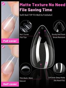 120pcs/Box Full Cover Fake Nails, Acrylic Manicure Supplies, Half Matte Seamless Nails, Transparent Short Almond Shape Nail Stickers - Clear - View 3