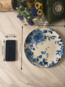 1 đĩa đựng đồ ăn bằng gốm tròn 10,6 inch, đế màu trắng có họa tiết hoa xanh và trắng và tranh màu nâu nhạt, đĩa đựng bánh mì, trái cây, món tráng miệng, salad, bít tết, mì ống, dùng cho bữa ăn tại nhà, tiệc tùng và quà tặng - Hoa văn màu xanh và trắng trên nền trắng - Xem 6