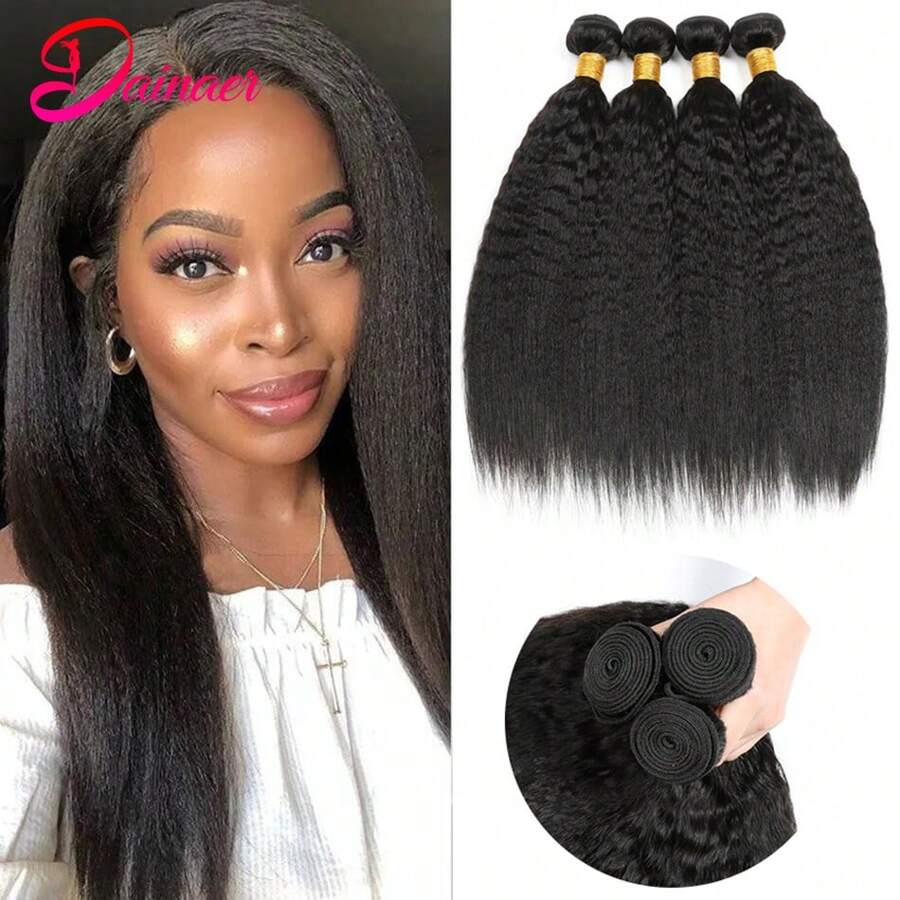 4Pcs Kinky Straight Bundles Brazilian 100% Human Hair Sew In Unprocessed Virgin Hair Extension Yaki Straight Human Hair Weft Natural Black Hair Weave Thick True To Length - Black - View 1