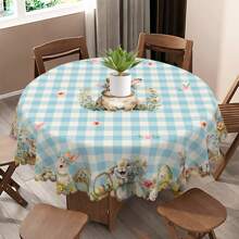 1pc Spring Easter Tablecloth, Blue/Powder Blue, Cute Rabbit, Easter Egg, Floral Print, Simple & Vibrant, Round/Rectangular, Home Tableware, Suitable For Living Room & Kitchen, Holiday Party Decor, Machine Washable