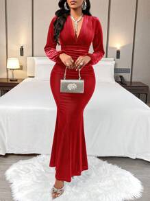AIJ 優雅中彈力修身長洋裝，女款V領抓皺長袖晚禮服，適合正式場合與晚裝穿著 - 紅色 - 查看 5
