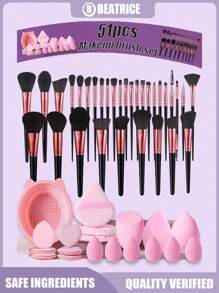 51pcs Makeup Brush Set Including: 32pcs Face, Eye, Eyebrow, Foundation, Blush, Mixing, Concealer, Lip, Detail, Nose Contour, Eyeliner, Powder, Nail, Face Mask Brushes, 1 Cleaning Bowl, 3 Mini Makeup Sponges, 3 Mini Heart Makeup Sponges, 3 Triangle Powder Puffs, 3 , 6 Mini