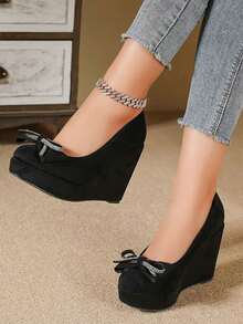 Giày cao gót đế xuồng đính nơ đính đá thời trang cho nữ, Giày sandal đế bằng đế mềm, Giày dự tiệc đa năng - màu đen - Xem 2