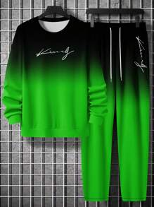 Men's 3D Digital Letter Print Ombre Crew Neck Sweatshirt And Sweatpants Set