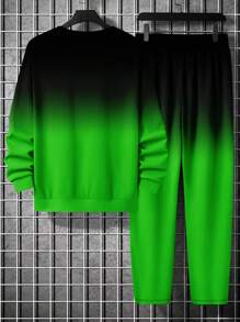 Men's 3D Digital Letter Print Ombre Crew Neck Sweatshirt And Sweatpants Set