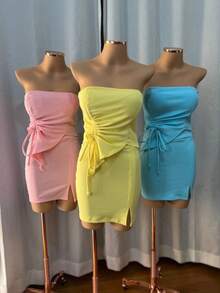 Ana Ruga Cropped Strapless Set With Adjustable Detail And Short Fitted Skirt - Màu xanh lam - Xem 1