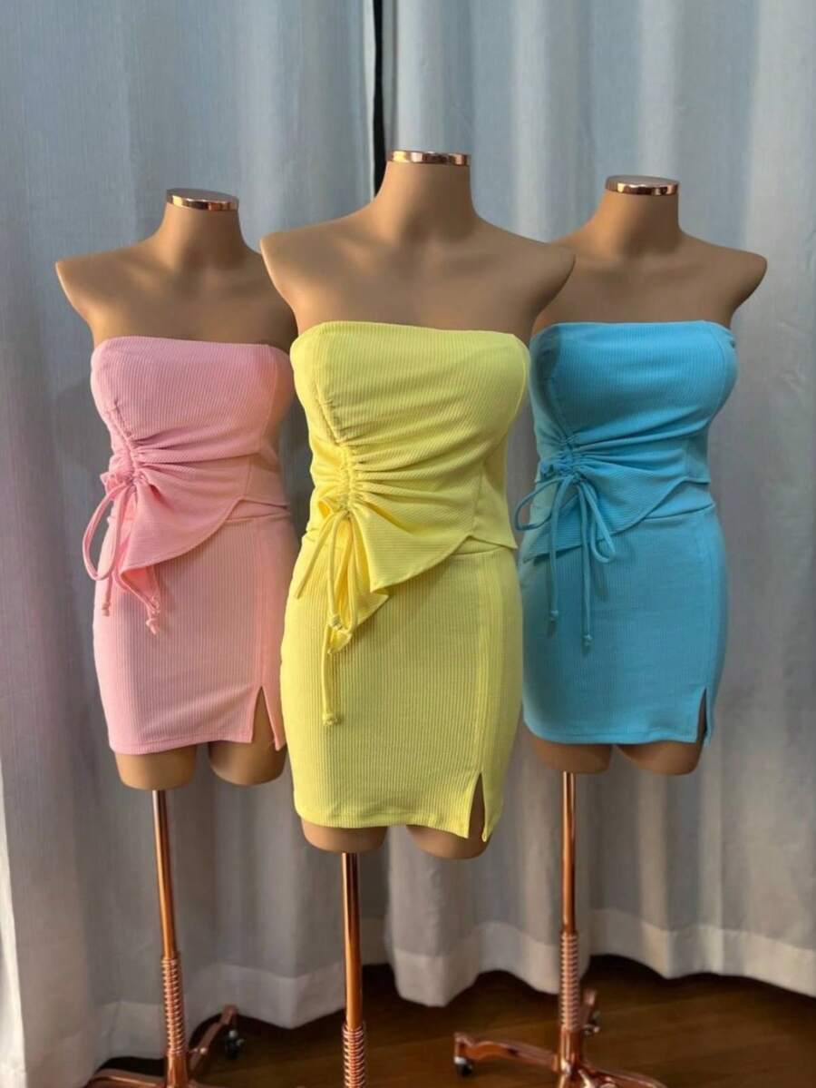 Ana Ruga Cropped Strapless Set With Adjustable Detail And Short Fitted Skirt - Màu xanh lam - Xem 1