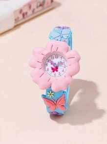 Cute Cartoon Design Wrist Watch, Fashion Flower & Butterfly Pattern, 3D Kids/Children Quartz Analog Watch For Recognizing Time, Gift