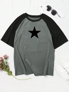 Plus Size Women's Summer Vacation Fashion Versatile Casual Simple Loose Comfortable Y2K Street Star Print Contrast Color Stitching Raglan Sleeves Short Sleeves Round Neck Knitted T-Shirt Graduation