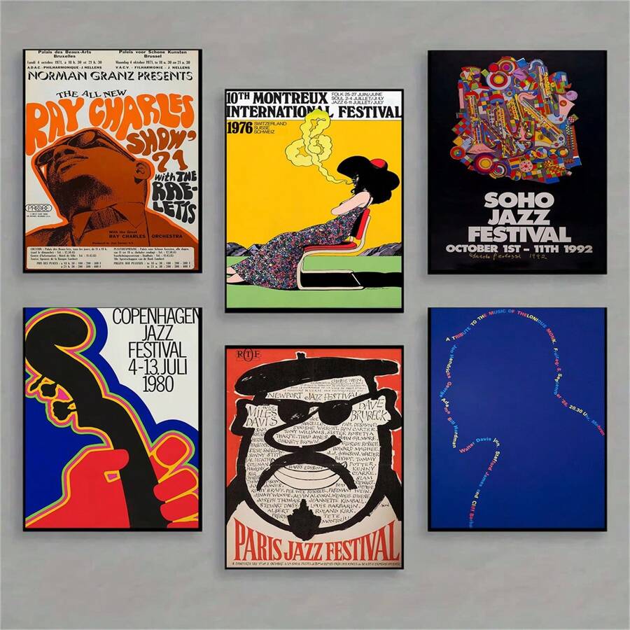 1-6 pezzi cartellone d'arte vintage con tema del festival di musica jazz, pubblicità di Parigi degli anni '70, pittura su tela per decorazione da parete del soggiorno, senza cornice