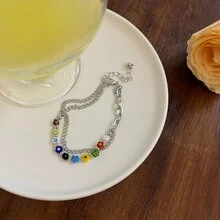 COINBUFF 1 chiếc vòng tay trang trí hoa hạt thủy tinh nhiều màu hai lớp cho nữ, trang phục thường ngày hoặc làm quà tặng, màu hoa ngẫu nhiên - Nhiều màu - Xem 4