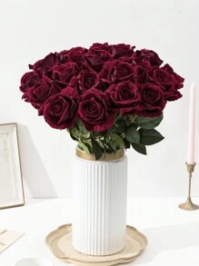 MEHELANY 5朵勃艮第酒红色人造丝绒玫瑰，逼真美观，适用于新娘捧花、情人节礼物、婚礼、派对、家居装饰、花瓶装饰、返校礼物