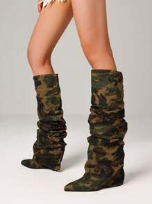 Slouched Ruched Fold Over Knee High Shark Boots For Women Fashion Wedges High Heels Pointed Toe Pull On Pleated Boots Woman Fall Shoes - Ngụy trang màu xanh quân đội - Xem 3