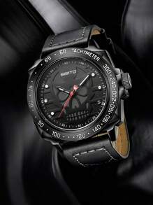 男士手表高品质真皮表带圆形表盘防水石英男士时钟圣诞礼物礼盒 - 黑色 - 查看 2