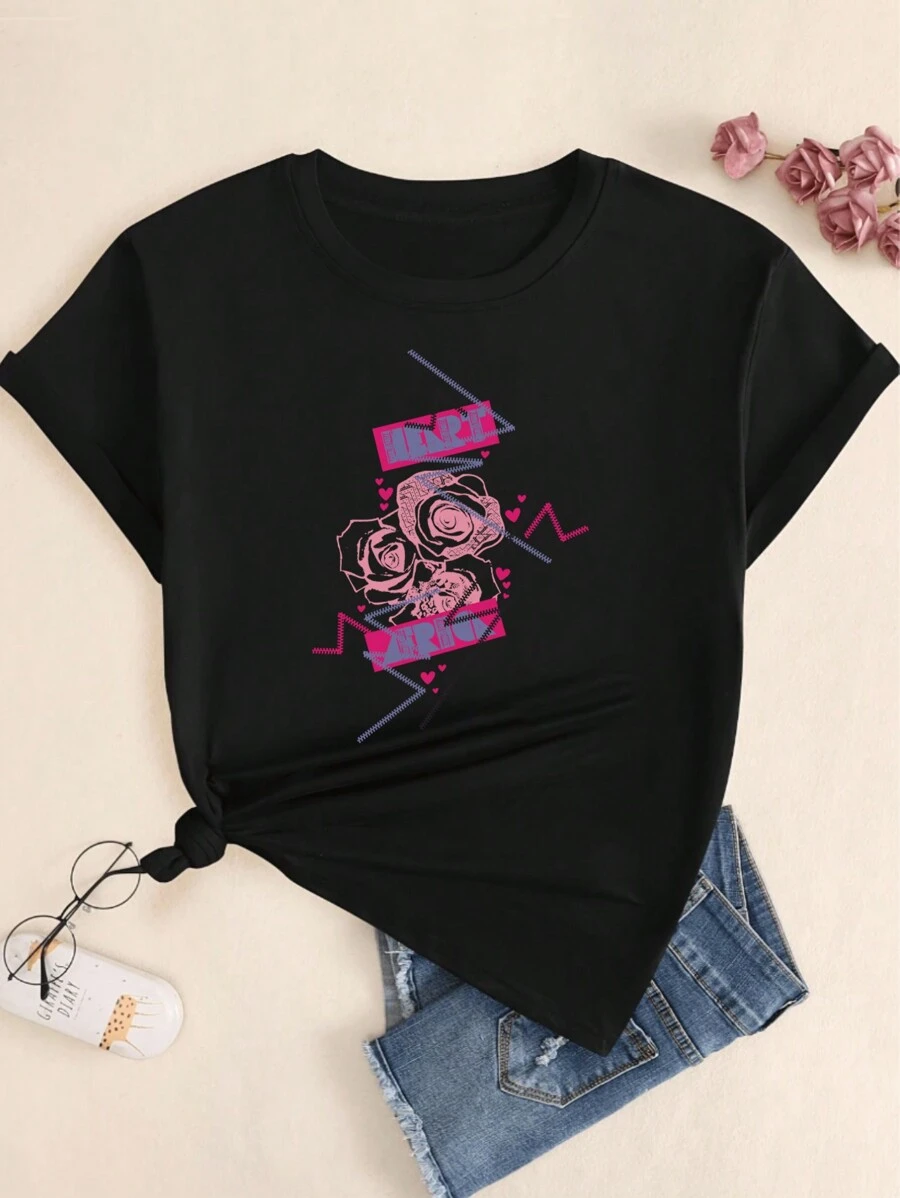 Cotton T-Shirt Fashion Floral Nature Printed Babylook T-Shirt Comfort Summer Breathable Premium Soft Elegant - 所以 - 查看 1