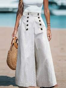 Women's Fashion Casual Striped Print Button Decor Oversized Wide Leg Pants - White - View 2