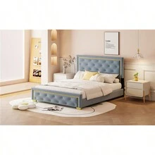 Queen Size Upholstered Platform Bed With Pull Point Headboard And Metal Wire Frame At The Head And Foot Of The Bed Metal Feet Velvet Gray