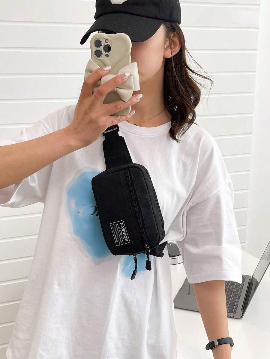 1 件女式简约帆布拉链斜挎包，时尚迷你单肩包，可装手机/零钱包 - 查看 1
