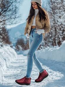 冬季新款平底保暖内衬保暖短靴，圆头纯色奢华毛茸茸靴，一脚蹬厚底时尚百搭红色雪地靴 - 紅色 - 查看 4