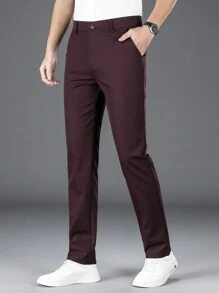Men's Solid Color Diagonal Pocket Suit Pants, Formal Pants And Casual Pants, Men's Straight Business Slim Suit Pants, Suitable For Business, Weddings, And Travel. - 酒紅色 - 查看 5