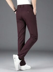 Men's Solid Color Diagonal Pocket Suit Pants, Formal Pants And Casual Pants, Men's Straight Business Slim Suit Pants, Suitable For Business, Weddings, And Travel. - 酒紅色 - 查看 7