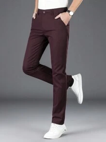 Men's Solid Color Diagonal Pocket Suit Pants, Formal Pants And Casual Pants, Men's Straight Business Slim Suit Pants, Suitable For Business, Weddings, And Travel. - 酒紅色 - 查看 6