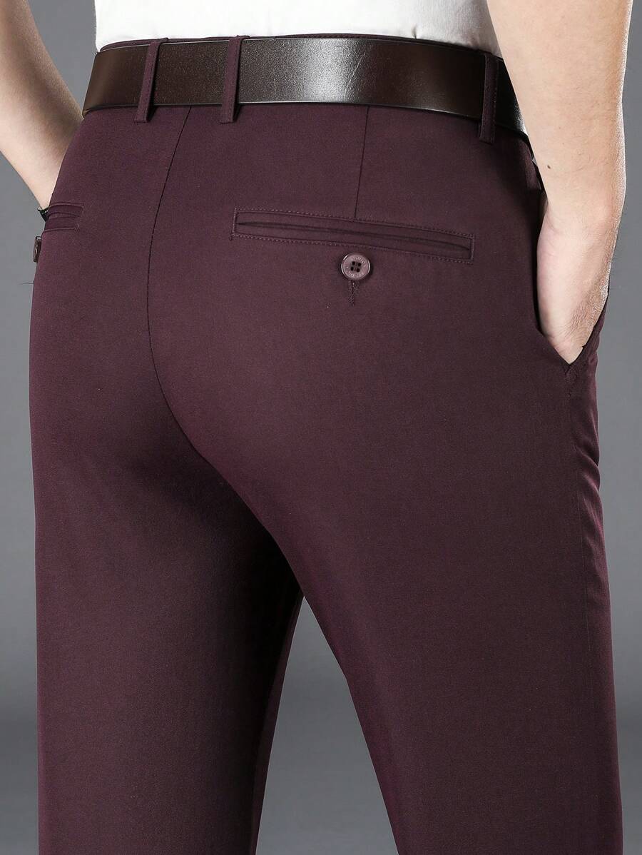 Men's Solid Color Diagonal Pocket Suit Pants, Formal Pants And Casual Pants, Men's Straight Business Slim Suit Pants, Suitable For Business, Weddings, And Travel. - 酒紅色 - 查看 1