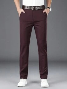 Men's Solid Color Diagonal Pocket Suit Pants, Formal Pants And Casual Pants, Men's Straight Business Slim Suit Pants, Suitable For Business, Weddings, And Travel. - 酒紅色 - 查看 3