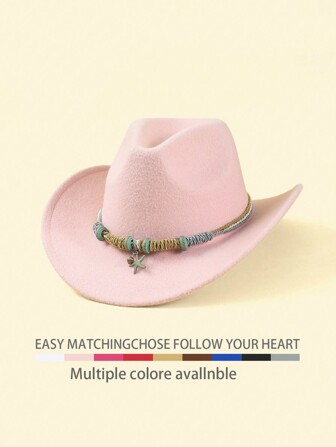 1 件海星波西米亚风复古纯色涤纶毡帽、柔软软呢帽、爵士帽、西部牛仔帽、百搭，适合女性、秋冬季