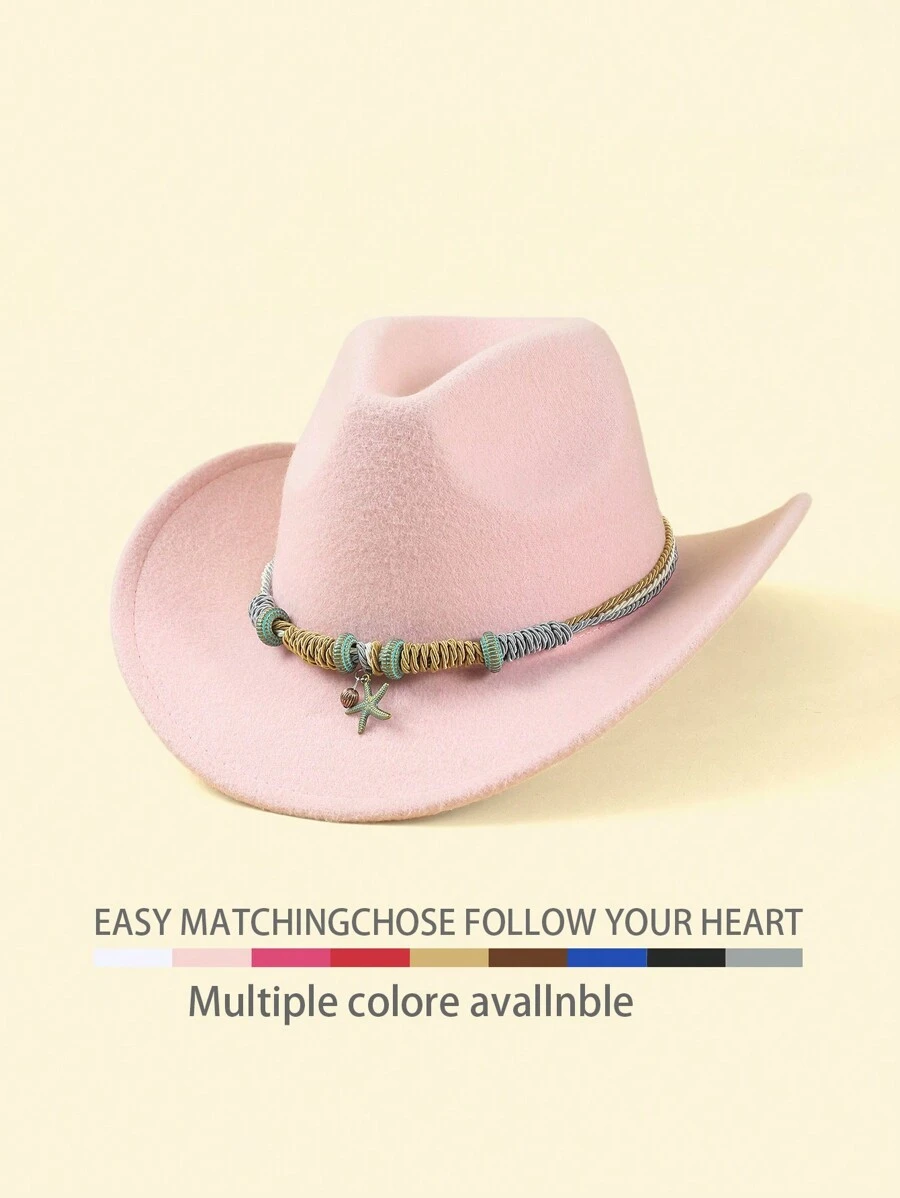 1pc Starfish Boho Vintage Solid Color Polyester Felt Hat, Soft Fedora, Jazz Hat, Western Cowboy Hats, Versatile For Women, Autumn/Winter - Top Hat - View 1