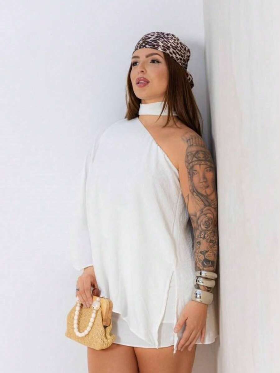 Beach Dress Mule Manca Ruffle Sleeve With High Neck Open Shoulder Crepe Fabric Modern Elegant Classic Sophisticated Traditional Vintage Modern With Bold Sleeve For Weddings Casual Events Graduation New Year And Christmas Promotion Work Fashion Summer Fashion - 白色 - 查看 1